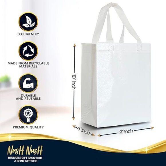White Gift Bags Medium Size–Set of 12 Shiny White Reusable Gift Bags With Handle - Picture 3 of 4